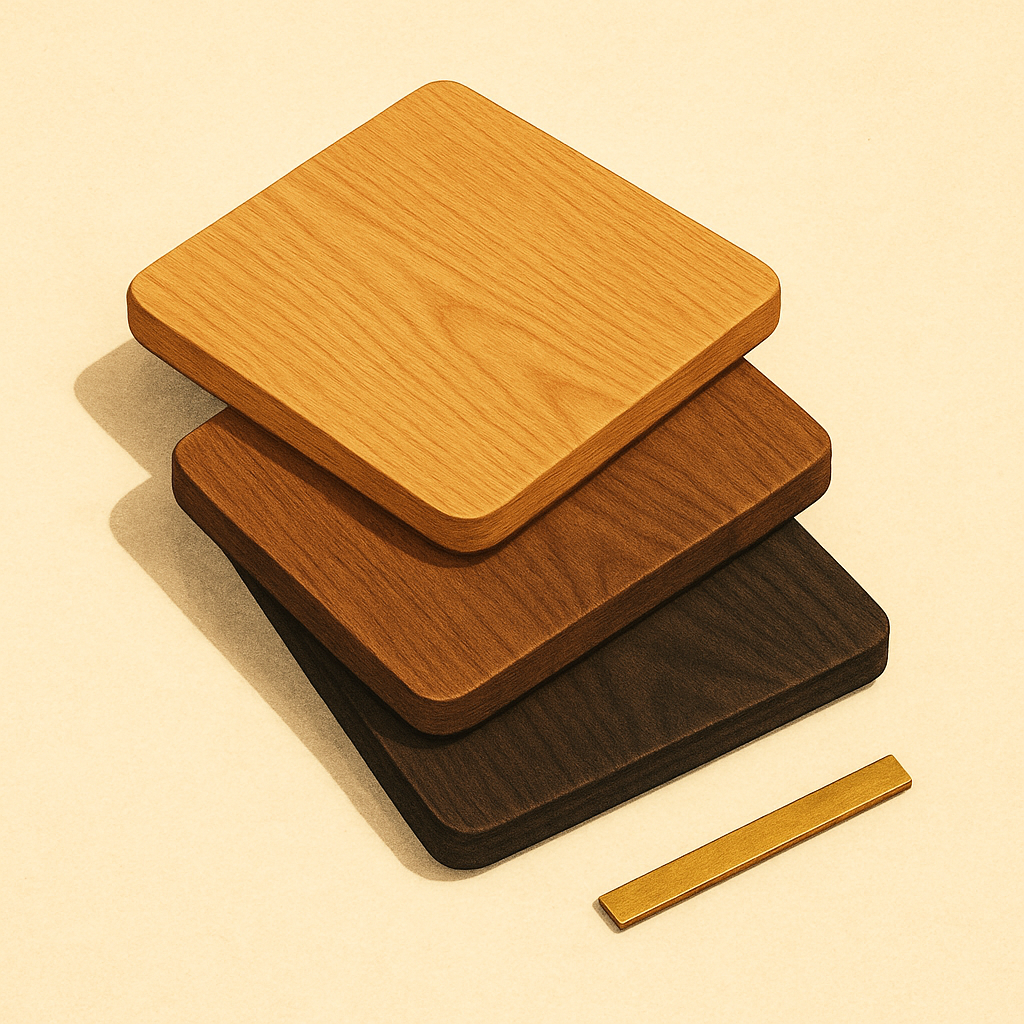 Three laminate flooring sample boards in light golden oak, medium honey-walnut, and dark espresso walnut shades arranged in a fan on a cream background