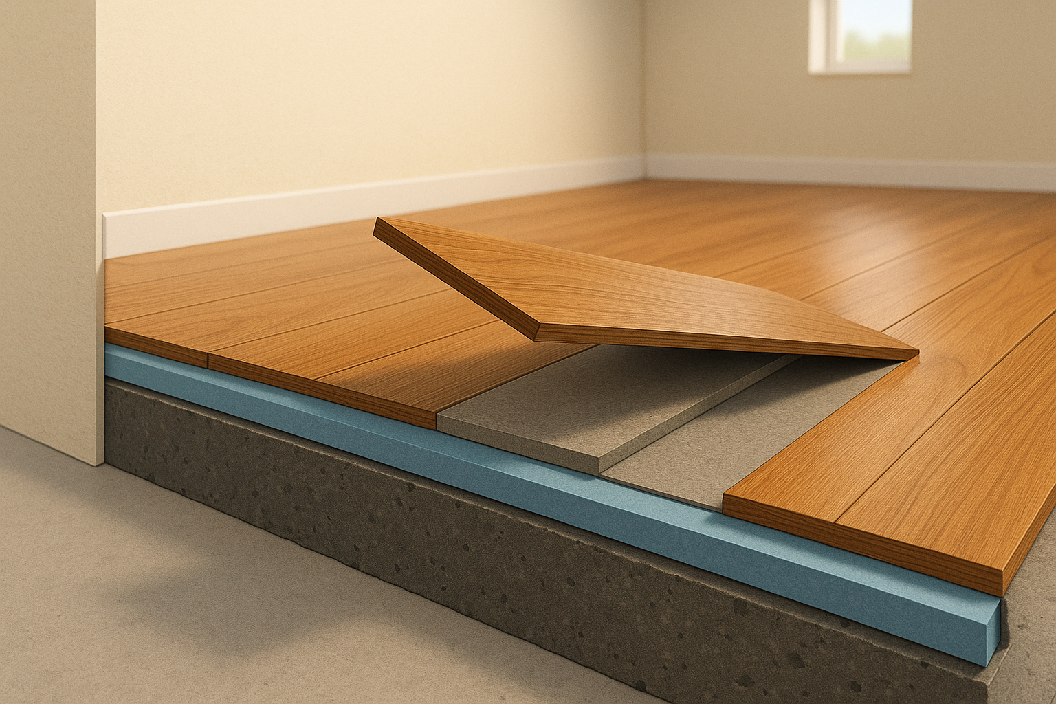 Cross-section illustration of basement floor layers: concrete slab, polyethylene vapour barrier, foam underlay, and honey-toned laminate plank flooring partially lifted to show the build-up