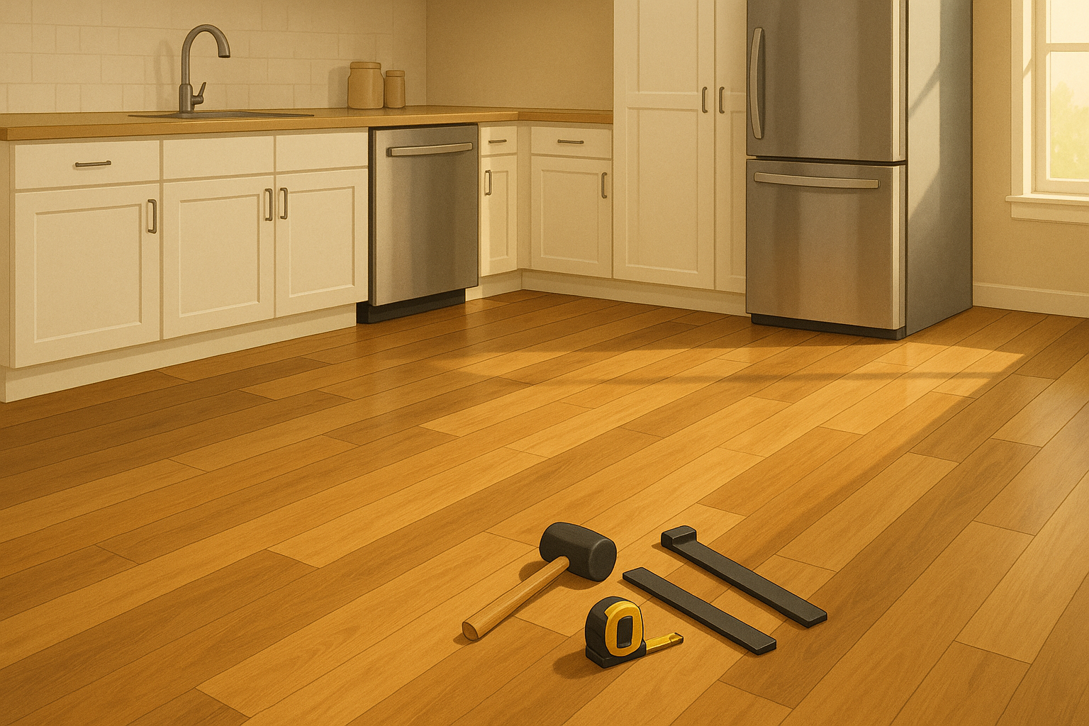 Sunlit modern kitchen with newly installed honey-toned laminate plank flooring, stainless dishwasher and refrigerator pulled out showing the planks continuing underneath