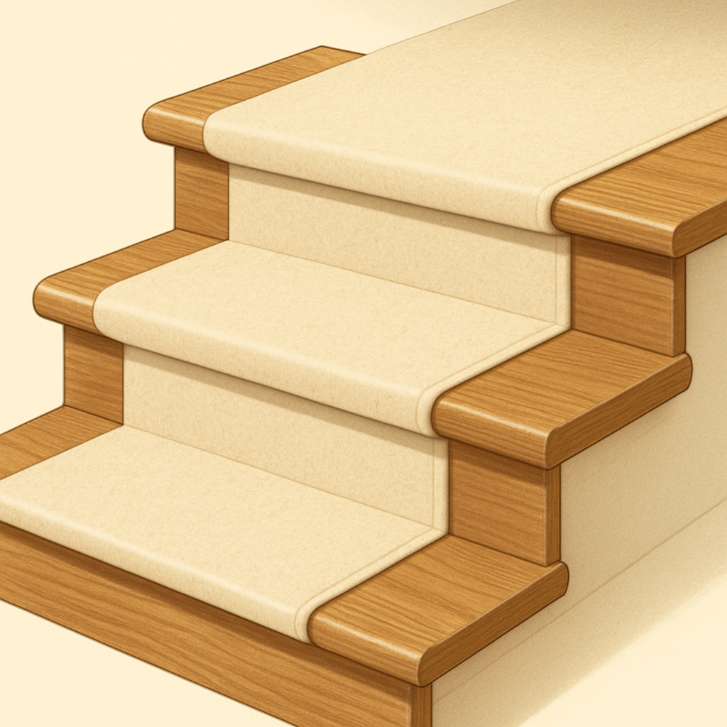 Side-angle illustration of three laminate-clad stair treads with matching risers, rounded nosing pieces, and a cream centered runner